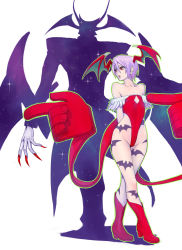 Rule 34 | bare shoulders, boots, capcom, demon girl, flat chest, head wings, jedah dohma, leotard, lilith aensland, markings, ogami, pointing, red eyes, silhouette, space, tattoo, vampire (game), wings