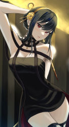 Rule 34 | 1girl, absurdres, arm up, armpits, bare shoulders, black dress, black thighhighs, blood, bloody weapon, breasts, choker, cleavage, cowboy shot, dagger, dress, dual wielding, earrings, fengling (furin-jp), flower, hair flower, hair ornament, hairband, highres, holding, holding weapon, jewelry, knife, looking at viewer, medium breasts, pale skin, red eyes, sleeveless, sleeveless dress, solo, spy x family, stiletto (weapon), thighhighs, thighs, two-sided dress, two-sided fabric, weapon, yor briar