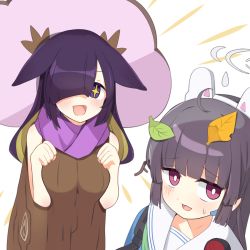 Rule 34 | 2girls, :d, ahoge, aku oribi, animal ears, black hair, blue archive, blunt bangs, commentary request, disguise, fake animal ears, hair over one eye, halo, headband, leaf, leaf on head, long hair, long sleeves, looking at another, miyu (blue archive), multicolored hair, multiple girls, open mouth, pleated skirt, purple scarf, rabbit ears, rabbit girl, red eyes, scarf, school uniform, serafuku, sidelocks, simple background, skirt, smile, sparkling eyes, sweat, symbol-shaped pupils, tsukuyo (blue archive), two-tone hair