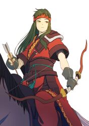 Rule 34 | 1girl, aduti momoyama, animal, arrow (projectile), bow (weapon), brown sash, closed mouth, dark green hair, fingerless gloves, fingernails, fire emblem, fire emblem: the binding blade, frown, fur trim, gloves, green eyes, grey gloves, headband, highres, holding, holding arrow, holding bow (weapon), holding weapon, horse, horseback riding, long hair, looking to the side, nintendo, pants, red headband, red pants, riding, saddle, sash, short sleeves, sidelocks, simple background, split mouth, straight hair, sue (fire emblem), tassel, weapon, white background, yellow pupils