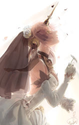 Rule 34 | 1girl, backless dress, backless outfit, backlighting, blurry, brown eyes, cleavage, detached sleeves, dress, fate/grand order, fate (series), flower, frankenstein&#039;s monster (fate), gloves, highres, holding, holding flower, horns, looking up, mizutame tori, petals, pink hair, profile, see-through, see-through cleavage, short hair, signature, single horn, smile, solo, veil, white background, white dress, white gloves