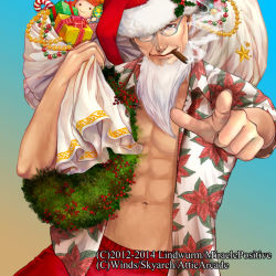 Rule 34 | 10s, 1boy, 2014, bad id, bad pixiv id, beard, brown eyes, candy, candy cane, cigar, doll, elder sign (game), facial hair, floral print, flower, food, galatea0228 (umemaru), gift, glasses, hat, holly, male focus, midriff, muscular, navel, official art, old, old man, original, poinsettia, pointing, pointing at viewer, sack, santa hat, smoking, solo, star (symbol), toy, watermark, white hair, wreath