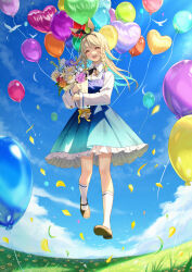 Rule 34 | 1girl, :d, absurdres, animal ears, balloon, bird, black headband, blonde hair, blue dress, blue sky, blush, bow, braided sidelock, brown ribbon, calder (pixiv3698273), cloud, collared shirt, colored inner hair, commentary request, day, dress, facing viewer, fake animal ears, floating, flower, frilled dress, frills, full body, grass, green hair, hair flaps, headband, highres, holding, holding flower, loafers, long hair, long sleeves, looking ahead, low-tied sidelocks, multicolored hair, neck ribbon, open mouth, orange flower, original, outdoors, pink flower, rabbit ears, ribbon, shirt, shoes, sky, smile, socks, solo, teeth, too many balloons, upper teeth only, white bird, white flower, white shirt, white socks, yellow bow, yellow eyes