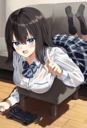 Rule 34 | 1girl, absurdres, black bow, black hair, black skirt, black socks, blue eyes, blush, bow, breasts, collared shirt, commentary request, controller, couch, diagonal-striped bow, dress shirt, footstool, game controller, hair between eyes, highres, index finger raised, indoors, legs up, long hair, long sleeves, looking at viewer, lying, medium breasts, no shoes, on couch, on stomach, open mouth, original, pentagon (railgun ky1206), playstation controller, pleated skirt, school uniform, shirt, skirt, socks, soles, solo, white shirt, wooden floor