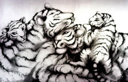 Rule 34 | highres, lolita majin, monochrome, new year, no humans, original, tiger, tiger cub, white tiger