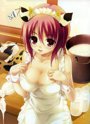 Rule 34 | 1girl, akamaru, animal ears, apron, bottle, breasts, cleavage, cow, cow ears, naked apron, red eyes, red hair, short hair, solo