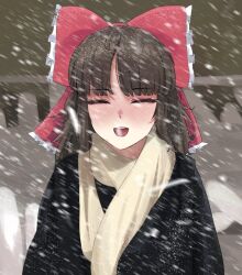 Rule 34 | 1girl, alternate costume, black coat, blizzard, blunt bangs, blush, bow, brown hair, closed eyes, coat, commentary, english commentary, frilled bow, frills, hair bow, hakurei reimu, highres, husbant (meme), long hair, medium bangs, meme, omikami, open mouth, red bow, round teeth, scarf, snowing, solo, teeth, touhou, upper body, upper teeth only, white scarf, winter