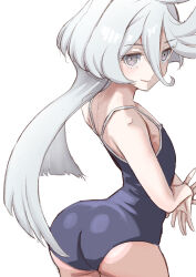 Rule 34 | absurdres, ahoge, ass, breasts, grey eyes, gundam, gundam suisei no majo, highres, long hair, looking at viewer, miorine rembran, one-piece swimsuit, school swimsuit, small breasts, smile, swimsuit, syunbow, white hair