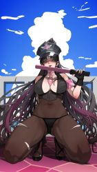 Rule 34 | 1girl, armband, bad id, bad pixiv id, bikini, black bikini, black bodysuit, black footwear, black gloves, black hair, blue sky, bodysuit, breasts, cloud, covered navel, day, facial mark, fate/grand order, fate (series), fingerless gloves, forehead mark, forehead tattoo, gloves, hat, high heels, highres, large breasts, long hair, multicolored hair, outdoors, p-gnesium, pantyhose, peaked cap, purple hair, sessyoin kiara, sessyoin kiara (swimsuit mooncancer), sessyoin kiara (swimsuit mooncancer) (second ascension), sky, solo, streaked hair, swimsuit, torn bodysuit, torn clothes, traffic baton, yellow eyes