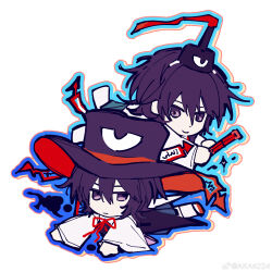 2others androgynous ankle_socks black_coat black_eyes black_hair black_hat blue_outline chibi chinese_commentary closed_mouth coat coattails collared_shirt commentary_request dot_nose enraku_tsubakura expressionless eye_of_senri gradient_outline green_hakama hair_between_eyes hairband hakama hakama_short_skirt hakama_skirt hat hat_ribbon highres holding_rod japanese_clothes kariginu len&#039;en long_sleeves looking_at_viewer lying messy_hair multiple_others neck_ribbon ofuda ofuda_on_clothes oiviie on_stomach other_focus outline red_footwear red_hat red_ribbon ribbon sandals senri_tsurubami shirt short_hair simple_background skirt sleeveless sleeveless_coat smile socks tate_eboshi top_hat two-sided_fabric two-sided_headwear weibo_watermark white_background white_hairband white_shirt white_socks wide_sleeves zouri