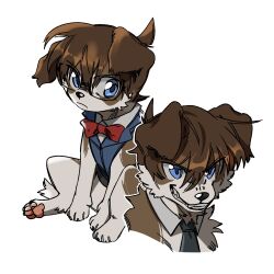Rule 34 | 1boy, animal, animalization, black necktie, blue eyes, blue vest, bow, bowtie, brown dog, brown hair, closed mouth, collared vest, commentary, detached collar, deviidog0, dog, edogawa conan, english commentary, full body, glasses, grin, highres, looking at viewer, meitantei conan, multiple views, necktie, no humans, puppy, red bow, red bowtie, short hair, simple background, sitting, smile, vest, white background