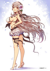 Rule 34 | 1girl, bare arms, bare shoulders, bikini, breasts, corrin (female) (fire emblem), corrin (female) (summer) (fire emblem), corrin (fire emblem), fire emblem, fire emblem fates, fire emblem heroes, floating hair, flower, flower wreath, from side, full body, grey hair, hair flower, hair ornament, high heels, highres, large breasts, long hair, looking at viewer, nintendo, official alternate costume, open mouth, pumps, purple flower, shoes, skirt, smile, solo, standing, stiletto heels, swimsuit, thigh strap, very long hair, virus-g, white bikini, white footwear, white skirt