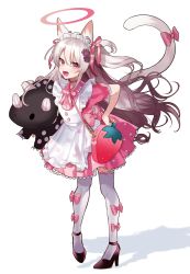 Rule 34 | 1girl, animal ears, apron, bag, black thighhighs, bow, carrying, carrying under arm, cat, cat ears, cat girl, cat tail, commentary request, dress, fang, food, frilled skirt, frills, frown, fruit, full body, hair bow, hair ribbon, halo, hand on own hip, heart, heart print, high heels, highres, long hair, looking at viewer, maid, maid apron, maid headdress, md5 mismatch, open mouth, original, paw hair ornament, paw print, pink bow, pink dress, pink skirt, pleated skirt, pomu (pomu me), red eyes, resolution mismatch, ribbon, short sleeves, silver hair, simple background, skirt, solo, standing, strawberry, stuffed animal, stuffed toy, tail, tail bow, tail ornament, tail raised, thighhighs, two side up, v-shaped eyebrows, very long hair, wavy hair, white background, white thighhighs