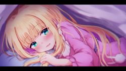 Rule 34 | 1girl, baram, blonde hair, commentary request, green eyes, highres, letterboxed, long hair, looking at viewer, mononobe alice, nijisanji, open mouth, pillow, pink shirt, shirt, smile, solo, under covers, very long hair, virtual youtuber