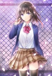 Rule 34 | 1girl, black hair, black jacket, black thighhighs, blue eyes, bow, bowtie, brown skirt, buttons, chain-link fence, cityscape, collared shirt, commentary request, cowboy shot, dress shirt, emblem, evening, fence, hand in own hair, hand up, head tilt, jacket, long hair, long sleeves, looking at viewer, mono lith, original, parted lips, petals, plaid, plaid skirt, pleated skirt, railing, red bow, red bowtie, revision, school uniform, shirt, skirt, smile, solo, standing, thighhighs, white shirt, wind, zettai ryouiki