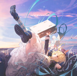 Rule 34 | 1girl, absurdres, animal ears, aqua hair, blonde hair, blush, boots, bow, building, collar, commission, dress, fake animal ears, falling, floating hair, frilled dress, frills, gradient hair, hat, highres, holding, holding suitcase, horizon, multicolored hair, original, patch oxxo, plaid, plaid legwear, pocket watch, puppet, rabbit ears, shoe soles, sky, star (sky), suitcase, thighhighs, top hat, twilight, watch, zettai ryouiki