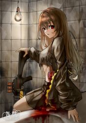 Rule 34 | 1girl, assault rifle, bandaid, blood, blood on clothes, breasts, brown hair, deep wound, gun, highres, injury, kandume ma, light bulb, long hair, looking at viewer, marfusha, marfusha (marfusha), medium breasts, parted lips, red eyes, rifle, scar, sitting, solo, torn clothes, weapon