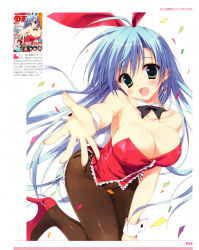 Rule 34 | 1girl, :d, absurdres, animal ears, blue hair, bow, bowtie, breasts, confetti, dengeki moeou, detached collar, earrings, eyes visible through hair, fake animal ears, female focus, green eyes, high heels, highres, jewelry, large breasts, long hair, looking at viewer, no panties, open mouth, pantyhose, polka dot, polka dot background, rabbit ears, rabbit tail, ryouka (suzuya), scan, smile, solo, tail, very long hair, wrist cuffs