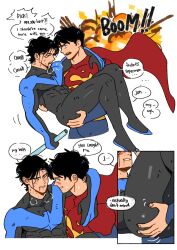 Rule 34 | 2boys, absurdres, ass, bara, batman (series), baton (weapon), black bodysuit, black hair, blue bodysuit, bodysuit, cape, covered abs, dc comics, dick grayson, english text, explosion, hand on another&#039;s ass, highres, holding, holding weapon, injury, jonathan kent, large pectorals, looking at another, male focus, multiple boys, muscular, muscular male, nightwing, one eye closed, pectorals, red bodysuit, red cape, short hair, smile, superboy, superman (series), suyohara, two-tone bodysuit, weapon, yaoi