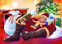 Rule 34 | 1boy, abs, alternate costume, bara, beard, boots, bottle, bulge, christmas, christmas tree, dark-skinned male, dark skin, facial hair, fate/zero, fate (series), full beard, full body, genta iwayama, hat, iskandar (fate), leather, leather boots, male focus, mature male, muscular, muscular male, red eyes, red hair, red hat, sack, santa costume, santa hat, short hair, smile, solo, spread legs, thick beard, thick eyebrows, thick thighs, thighs, wine bottle