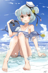 Rule 34 | 1girl, 1other, absurdres, barefoot, bikini, black ribbon, blue sky, cloud, day, dixie cup hat, double bun, fang, hair bun, hat, hat ribbon, highres, kantai collection, little blue whale (kancolle), looking at viewer, medal, military hat, navy cross, neve (morris-minicooper), outdoors, partially submerged, ribbon, samuel b. roberts (kancolle), short hair, skin fang, sky, striped bikini, striped clothes, sunglasses, swimsuit, whale, white headwear, yellow eyes