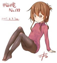 Rule 34 | 1girl, arm support, blush, brown eyes, brown hair, closed mouth, commentary request, dated, feet, feet together, folded ponytail, full body, gurande (g-size), inazuma (kancolle), kantai collection, long hair, long sleeves, no shoes, pantyhose, pink sweater, plantar flexion, signature, simple background, solo, sweater, thighband pantyhose, white background
