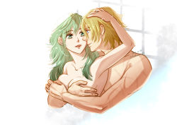 Rule 34 | 1boy, 1girl, arm up, artist name, blonde hair, breasts, byleth (female) (fire emblem), byleth (fire emblem), collarbone, dated, dimitri alexandre blaiddyd, fire emblem, fire emblem: three houses, green eyes, green hair, greendot, hand on another&#039;s head, hetero, highres, hug, hug from behind, long hair, medium breasts, nintendo, nude, open mouth, scar, short hair, smile, twitter username, upper body, white background