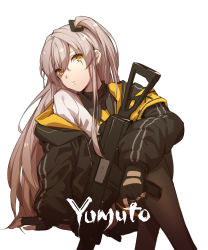 Rule 34 | 1girl, absurdres, artist name, black jacket, black pantyhose, commentary request, fingerless gloves, girls&#039; frontline, gloves, grey hair, gun, hair between eyes, hair ornament, highres, holding, holding gun, holding weapon, jacket, long hair, looking at viewer, one side up, pantyhose, personification, scar, scar across eye, scar on face, shirt, simple background, solo, ump45 (girls&#039; frontline), weapon, white background, white shirt, yellow eyes, yumuto (spring1786)