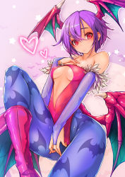 Rule 34 | .sin, 1girl, animal print, bare shoulders, bat print, blue pantyhose, boots, breasts, cleavage cutout, clothing cutout, covered erect nipples, demon girl, demon wings, elbow gloves, fur trim, gloves, hand on own chest, head wings, heart, highres, leotard, lilith aensland, looking at viewer, pantyhose, pink eyes, pink footwear, purple gloves, purple hair, red leotard, see-through, small breasts, solo, underboob, vampire (game), wings
