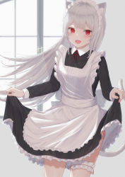 Rule 34 | 1girl, :o, absurdres, animal ears, apron, blush, cat ears, cat tail, clothes lift, curtsey, fang, grey hair, highres, bridal garter, legs, long hair, looking at viewer, maid, maid apron, maid headdress, open mouth, original, panties, red eyes, skirt, skirt lift, solo, standing, string panties, tail, tanshio, thighs, underwear, white hair