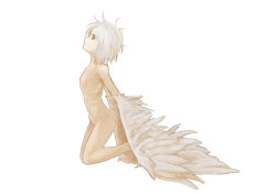 Rule 34 | androgynous, black sclera, colored sclera, durandal (kei), feathered wings, feathers, gender request, harpy, messy hair, monster girl, nude, pixiv fantasia, ribs, simple background, skinny, solo, white background, wings, yellow eyes