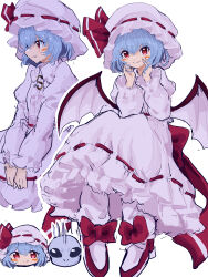 Rule 34 | 1girl, absurdres, ascot, bat wings, blue hair, blush, bow, brooch, commentary, dress, fang, footwear bow, frills, full body, hat, hat ribbon, high heels, highres, jewelry, long sleeves, looking at viewer, mob cap, mugi (mugimugi 9kv), multiple views, pink dress, puffy sleeves, purple dress, purple headwear, red bow, red eyes, red footwear, red ribbon, remilia scarlet, ribbon, ribbon-trimmed dress, short hair, simple background, skin fang, smile, touhou, white background, wings