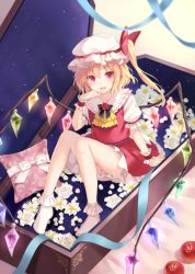 Rule 34 | 1girl, apple, ascot, blonde hair, bloomers, bobby socks, bow, coffin, dress, flandre scarlet, flower, food, fruit, fukahire (ruinon), hat, hat bow, md5 mismatch, mob cap, no shoes, open mouth, puffy short sleeves, puffy sleeves, red dress, red eyes, resolution mismatch, revision, shirt, short sleeves, side ponytail, sitting, smile, socks, solo, source larger, starry sky print, touhou, underwear, wings, wrist cuffs