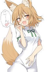 Rule 34 | 1girl, :d, animal ear fluff, animal ears, blush, breasts, brown hair, commentary request, dress, e.o., fang, fox ears, fox girl, fox tail, hair between eyes, highres, kudamaki tsukasa, looking at viewer, medium breasts, open mouth, short hair, short sleeves, simple background, skin fang, smile, solo, tail, touhou, translation request, white background, white dress