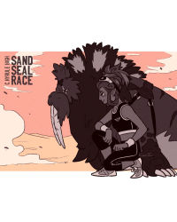 Rule 34 | 1girl, alternate costume, alternate hairstyle, breasts, claws, english text, eyewear on head, from side, gerudo, goggles, goggles on head, greyscale, highres, kneeling, limited palette, mochidayo (kaiju), monochrome, nintendo, pants, pet, pink sky, riju, saddle, sand, sand seal (zelda), scar, scar across eye, scar on face, shoes, sky, small breasts, smile, sneakers, sports bra, sportswear, tank top, the legend of zelda, the legend of zelda: breath of the wild, track pants, triforce print, updo, walrus
