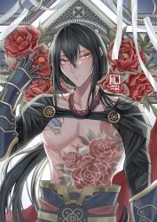 Rule 34 | 1boy, abs, bare pectorals, black hair, chest tattoo, dated, fate/grand order, fate (series), floral background, flower tattoo, gauntlets, green eyes, hair between eyes, hair ornament, hair scrunchie, highres, ichimichi 111, long hair, long sleeves, looking at viewer, male focus, nagatekkou, pectorals, ponytail, rope around neck, scrunchie, solo, tattoo, topless male, upper body, very long hair, yan qing (fate)