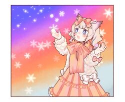 Rule 34 | blue eyes, commission, dress, gradient background, hair ribbon, highres, hikimayu, indie virtual youtuber, long sleeves, looking up, michiru (mnmn cheese), mikazuki silvi, open mouth, owl ears, owl girl, pink dress, ribbon, scarf, skeb commission, snowflakes, star (sky), twintails, white hair, winter clothes