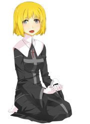 Rule 34 | 1girl, blonde hair, blue eyes, blush, cross, cross necklace, jewelry, looking at viewer, necklace, nun, open mouth, orsola aquinas, samuraig, short hair, simple background, smile, solo, toaru majutsu no index, traditional nun, white background