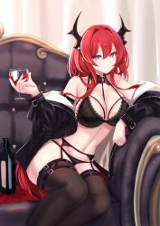 Rule 34 | 1girl, alcohol, arknights, arm support, bare shoulders, between breasts, black bra, black jacket, black panties, black thighhighs, bottle, bra, breasts, cleavage, collarbone, couch, cup, drinking glass, garter belt, garter straps, hair between eyes, highres, holding, holding cup, horns, infection monitor (arknights), jacket, kanta (kanta 077), large breasts, long hair, long sleeves, looking at viewer, navel, off shoulder, panties, purple eyes, red hair, sidelocks, sitting, solo, stomach, surtr (arknights), thigh strap, thighhighs, thighs, underwear, wine, wine bottle, wine glass, zipper