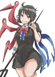 Rule 34 | 1girl, asymmetrical wings, black dress, black hair, bow, bowtie, dress, grin, houjuu nue, kashiwada kiiho, polearm, red bow, red bowtie, red eyes, red wings, short dress, smile, snake, solo, touhou, trident, weapon, wings, wristband
