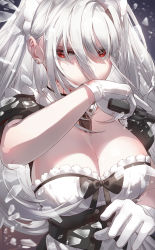 Rule 34 | 1girl, breasts, cleavage, combat maid, earrings, glass shards, gloves, gun, handgun, highres, jewelry, kfr, large breasts, long hair, maid, maid headdress, necktie, original, pistol, red eyes, short sleeves, solo, trigger discipline, weapon, white gloves, white hair, wiping mouth