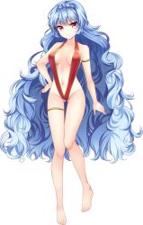 Rule 34 | 1girl, agekichi (heart shape), armlet, artwhirl mahou gakuen no otome-tachi, bare arms, bare legs, barefoot, blue hair, braid, breasts, cleavage, closed mouth, collarbone, crown braid, curly hair, full body, gluteal fold, hair between eyes, hand on own hip, long hair, looking at viewer, medium breasts, one-piece swimsuit, red eyes, red one-piece swimsuit, revealing clothes, silvia (artwhirl), single braid, slingshot swimsuit, smile, solo, standing, swimsuit, tachi-e, thigh gap, thighlet, transparent background, very long hair