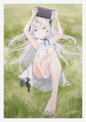 Rule 34 | 1girl, animal ear fluff, animal ears, armpits, barefoot, blue eyes, breasts, cat ears, cat tail, convenient leg, dress, feet, grass, highres, hinatsuki mofu, holding, indie virtual youtuber, long hair, looking at viewer, lying, nintendo switch, on back, outdoors, remil, sideboob, silver hair, sleeveless, sleeveless dress, small breasts, soles, solo, tail, virtual youtuber
