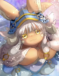 Rule 34 | 1other, :3, absurdres, animal ears, animal hands, baggy pants, blue headwear, blue pants, blurry, brown fur, closed mouth, commentary request, depth of field, fur (clothing), furry, helmet, highres, horizontal pupils, looking at viewer, made in abyss, nanachi (made in abyss), neru5572 (onerumaster), other focus, own hands together, pants, pouch, short hair with long locks, smile, solo, tail, whiskers, white hair, yellow eyes