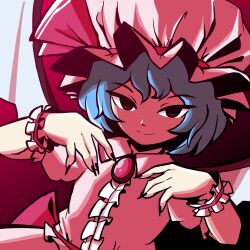 Rule 34 | 1girl, black nails, blue hair, center frills, closed mouth, collared shirt, commentary, english commentary, fingernails, frills, hat, hat ribbon, highres, long fingernails, looking at viewer, mob cap, oysterfried, pink hat, pink shirt, red eyes, red ribbon, remilia scarlet, ribbon, shirt, short hair, smile, solo, touhou, wrist cuffs