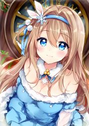Rule 34 | 1girl, armpit crease, bare shoulders, blue dress, blue eyes, blue ribbon, blush, breasts, brown hair, christmas, cleavage, closed mouth, collarbone, commentary request, detached collar, dress, from above, fukunoki tokuwa, fur-trimmed dress, fur collar, fur trim, girls&#039; frontline, hair between eyes, hair intakes, hair ornament, hair ribbon, hairband, highres, long sleeves, looking at viewer, medium breasts, off-shoulder dress, off shoulder, official alternate costume, one side up, pom pom (clothes), rabbit hair ornament, ribbon, see-through, sidelocks, smile, snowflake hair ornament, solo, suomi (girls&#039; frontline), suomi (korvatunturi pixie) (girls&#039; frontline), tareme, twitter username