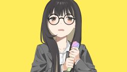 Rule 34 | 1girl, blush, brown eyes, brown hair, collared shirt, commentary request, glasses, grey jacket, highres, holding, jacket, long sleeves, looking at viewer, mikanoisi, office lady, original, parted lips, pencil case, shirt, simple background, solo, suit jacket, upper body, white shirt, yellow background