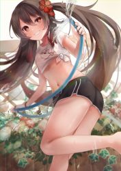 Rule 34 | 1girl, absurdres, alternate costume, artist request, ass, barefoot, black shorts, blush, breasts, brown hair, crop top, flower, flower-shaped pupils, from behind, from below, genshin impact, grin, hair between eyes, hair flower, hair ornament, highres, hose, hu tao (genshin impact), long hair, looking at viewer, red eyes, shiny skin, short shorts, shorts, smile, solo, symbol-shaped pupils, thighs, twintails, very long hair, water, wet, wet clothes, wet hair
