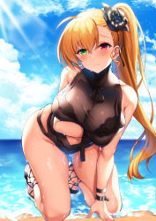 Rule 34 | 1girl, arm support, asymmetrical bangs, azur lane, beach, bikini, black bikini, black flower, black footwear, blonde hair, blue sky, blush, bracelet, breast hold, breasts, cleavage, closed mouth, cloud, cloudy sky, commentary, commission, day, flower, frown, graf zeppelin (azur lane), graf zeppelin (beachside urd) (azur lane), green eyes, hair flower, hair ornament, half-closed eyes, heterochromia, highres, jewelry, kneeling, large breasts, leaning forward, long hair, looking at viewer, lyrical nanoha, mahou shoujo lyrical nanoha, mahou shoujo lyrical nanoha vivid, navel, ocean, outdoors, raiou, red eyes, sandals, side ponytail, skeb commission, skindentation, sky, solo, swimsuit, vivio, wet