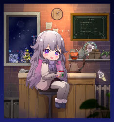 Rule 34 | 1girl, :d, absurdres, ame., black footwear, blush stickers, brick wall, brown coat, brown shorts, building, chibi, christmas ornaments, christmas tree, clock, coat, colored inner hair, commentary request, cup, fur trim, grey hair, grey pantyhose, highres, holding, holding cup, hololive, hololive english, indoors, koseki bijou, long hair, looking at viewer, multicolored hair, night, night sky, open mouth, pantyhose, pantyhose under shorts, pink hair, purple eyes, shorts, sitting, sky, smile, solo, star (symbol), stool, two-tone hair, very long hair, virtual youtuber, wall clock, window